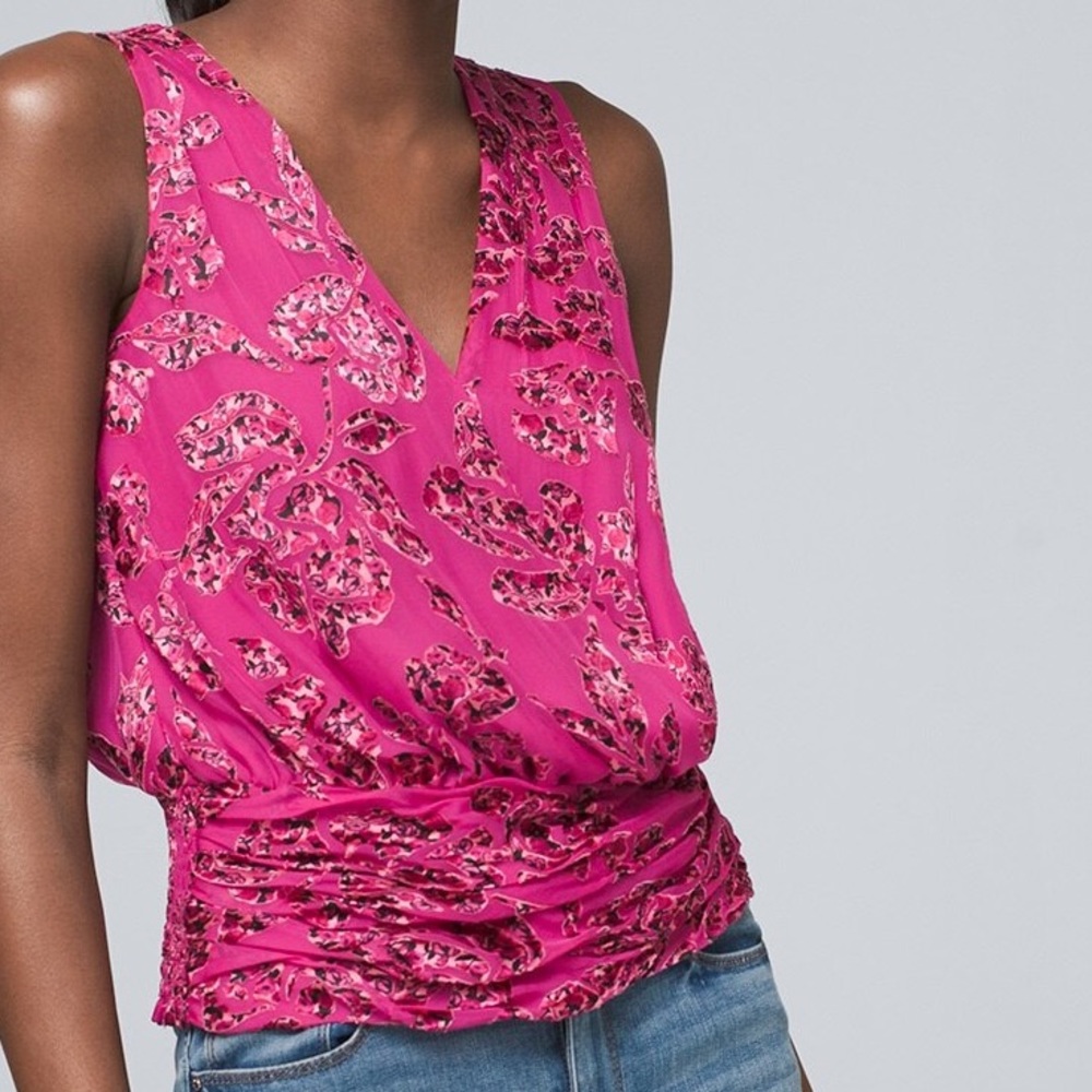 WHBM Ruched Surplice Blouse in Magenta